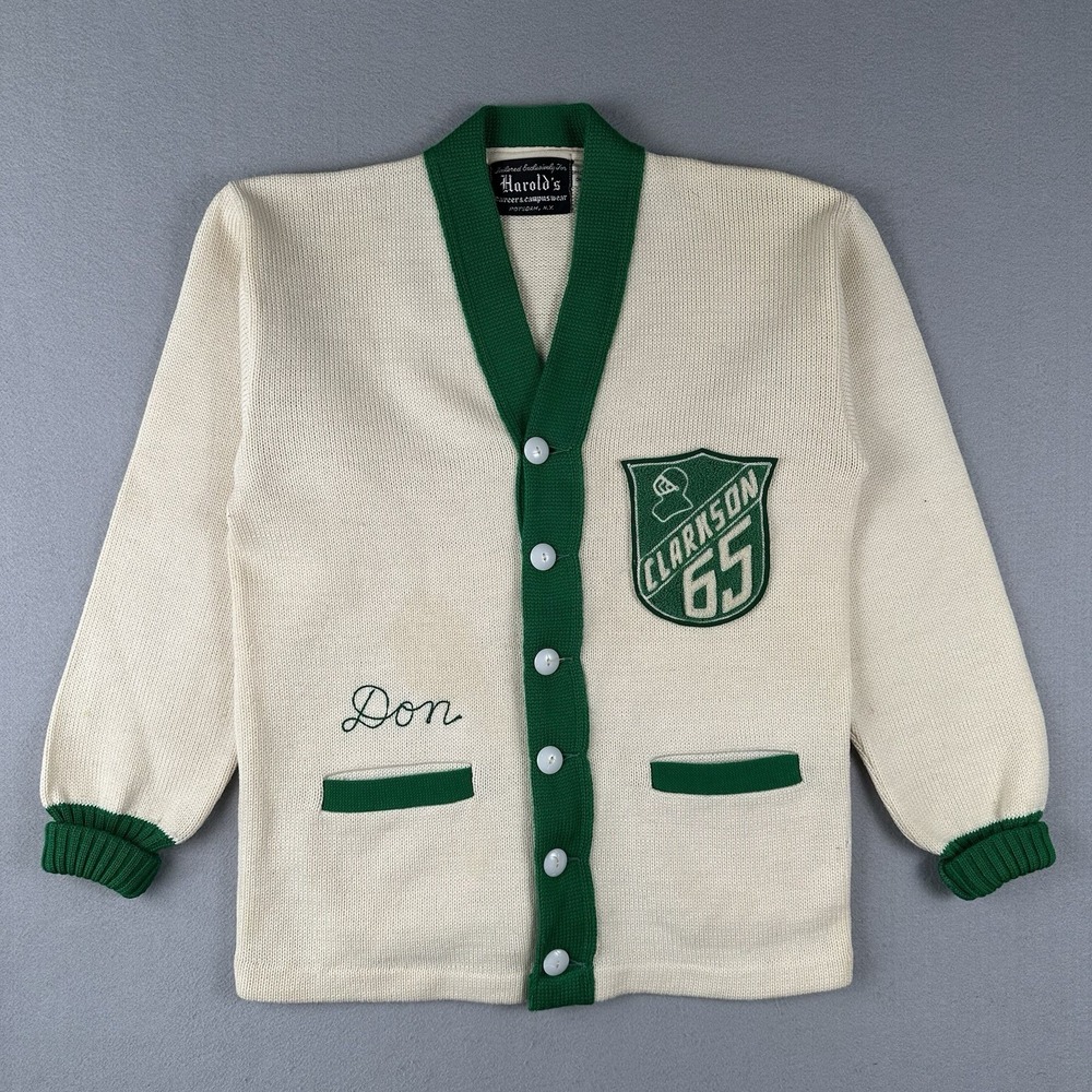 Vtg 60s Clarkson University Letterman Cardigan Sweater Small Wool Chain Stitch